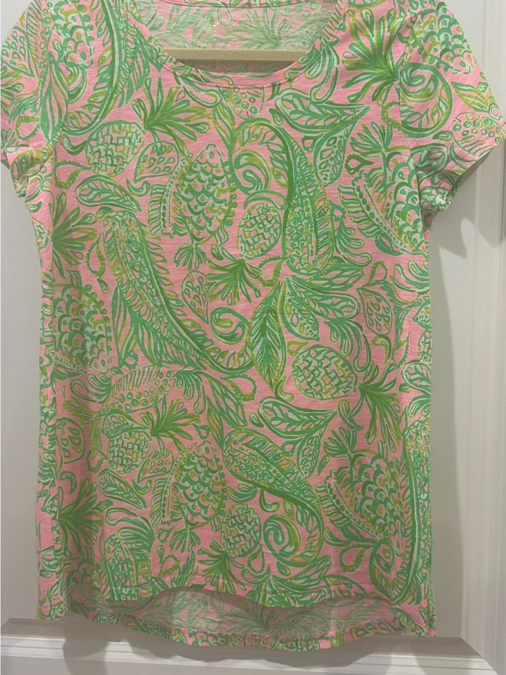 Lilly Pulitzer Pink Tee with Lime Green Tropical Motif